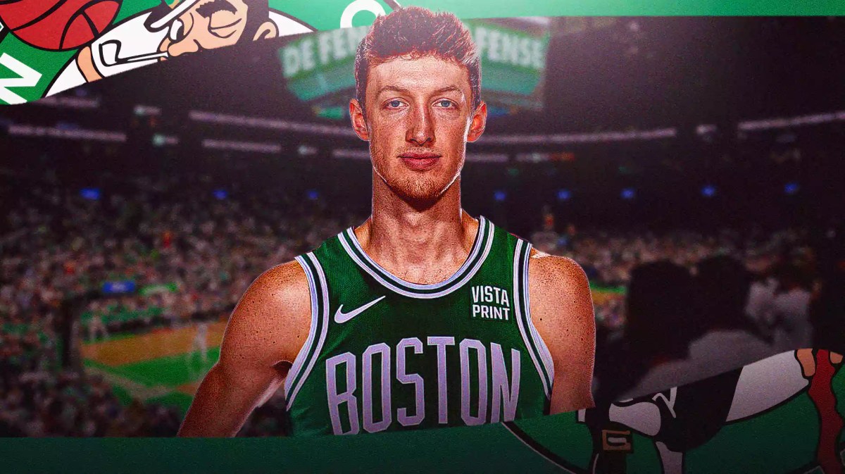 Drew Peterson in a Celtics jersey with the Celtics arena in the background, roster
