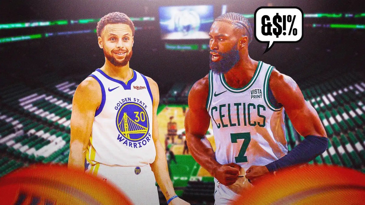 Celtics' Jaylen Brown with a quote bubble and symbols in it, Warriors' Stephen Curry