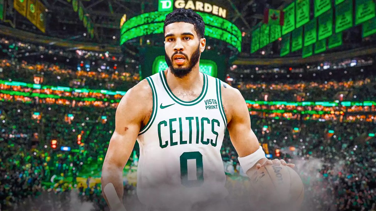 Jayson Tatum with the Celtics arena in the background