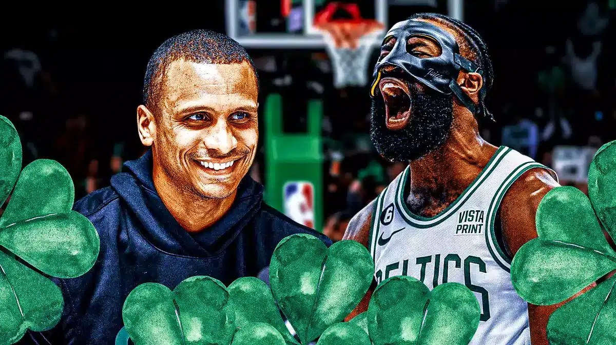 Joe Mazzulla looking excited next to a hyped Jaylen Brown on a TD Garden background