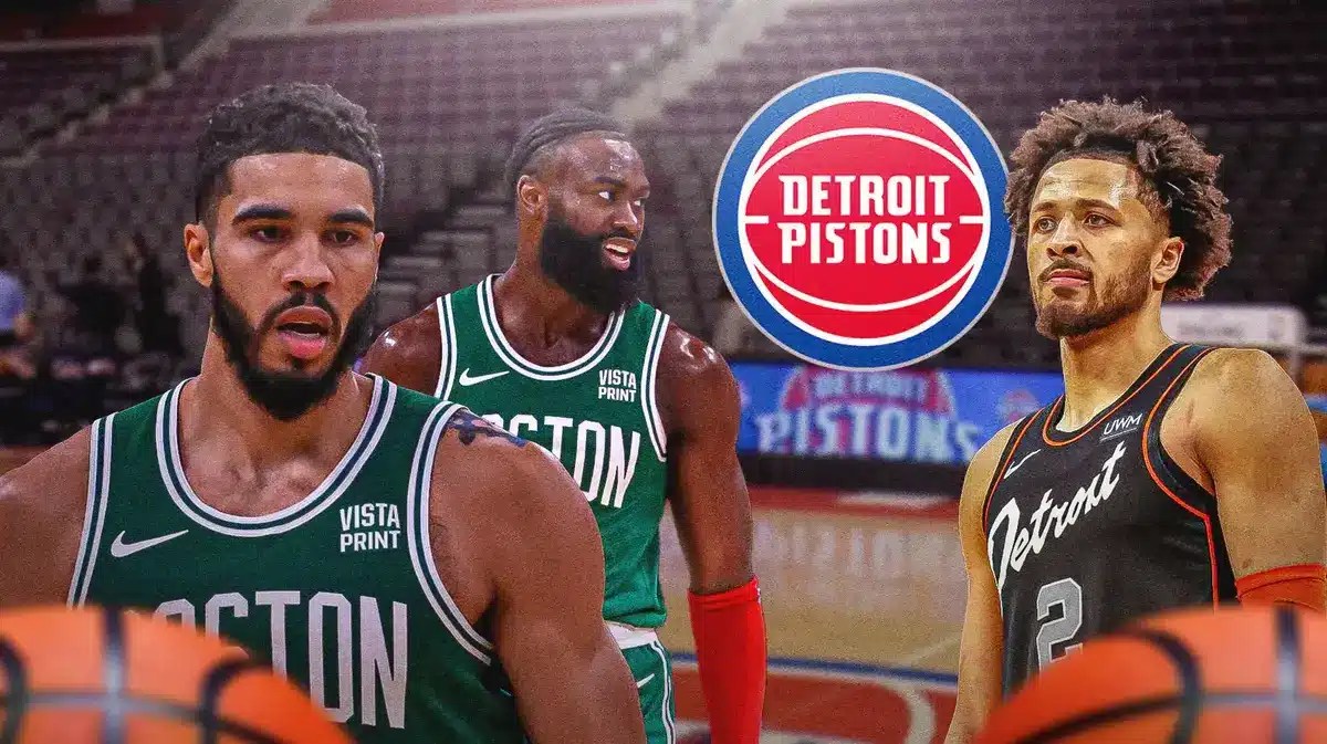 Jayson Tatum and Jaylen Brown next to Cade Cunningham