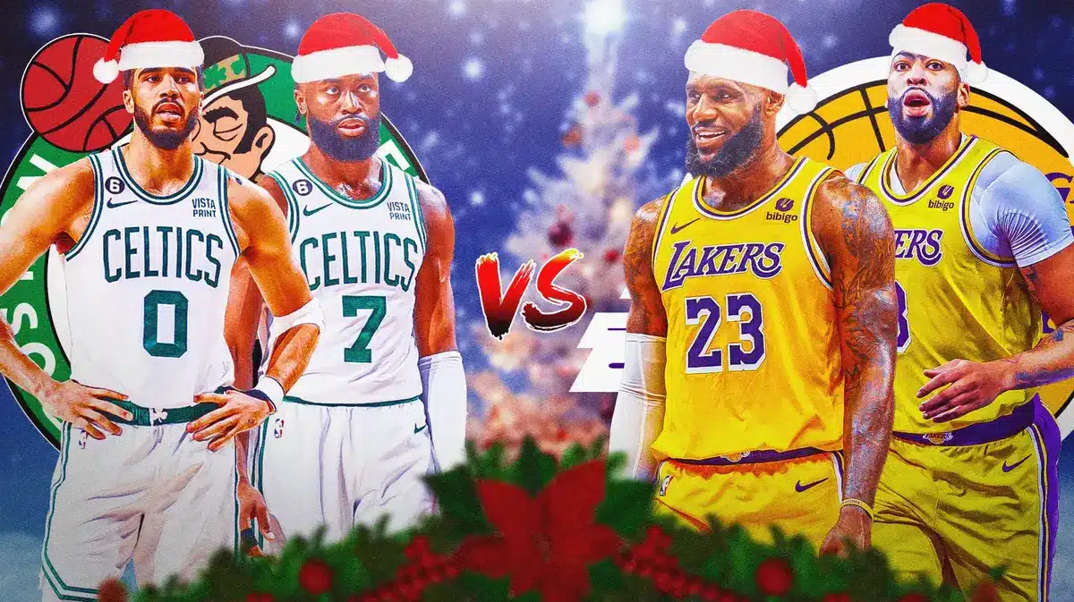 Jayson Tatum, Jaylen Brown, Celtics logo vs. LeBron James, Anthony Davis, Lakers logo. All in Santa Claus hats with snow/Christmas trees/presents in the background.