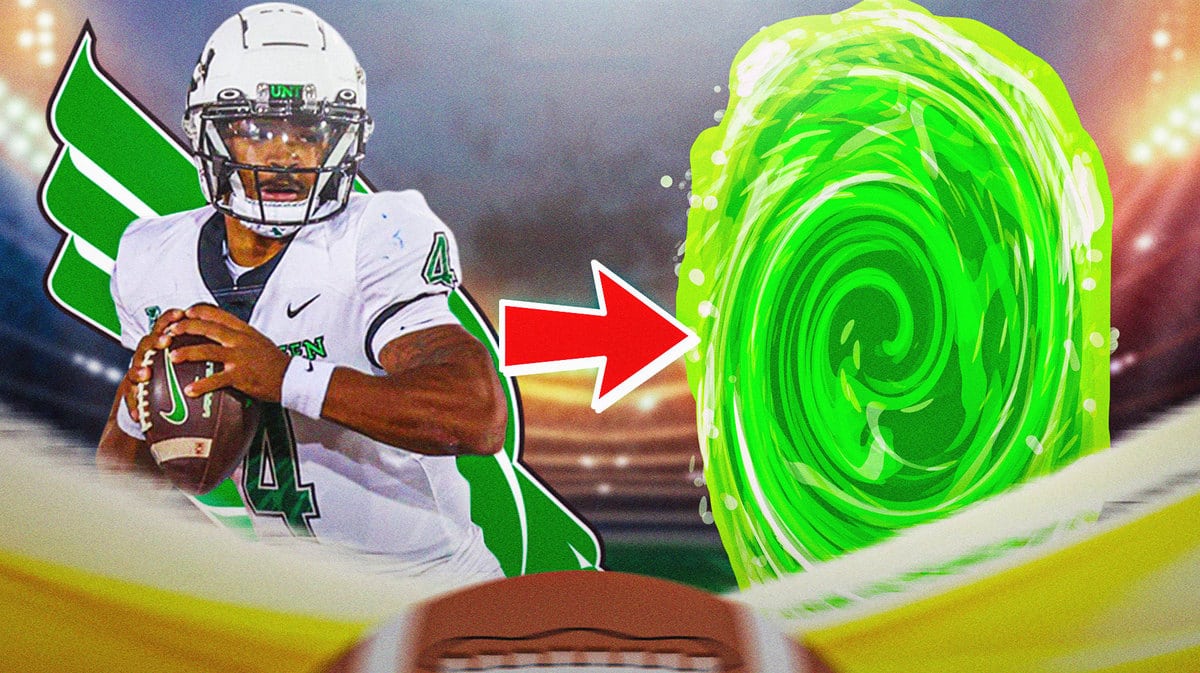 Photo: Chandler Rogers with North Texas logo in background and transfer portal logo with arrow pointing to it