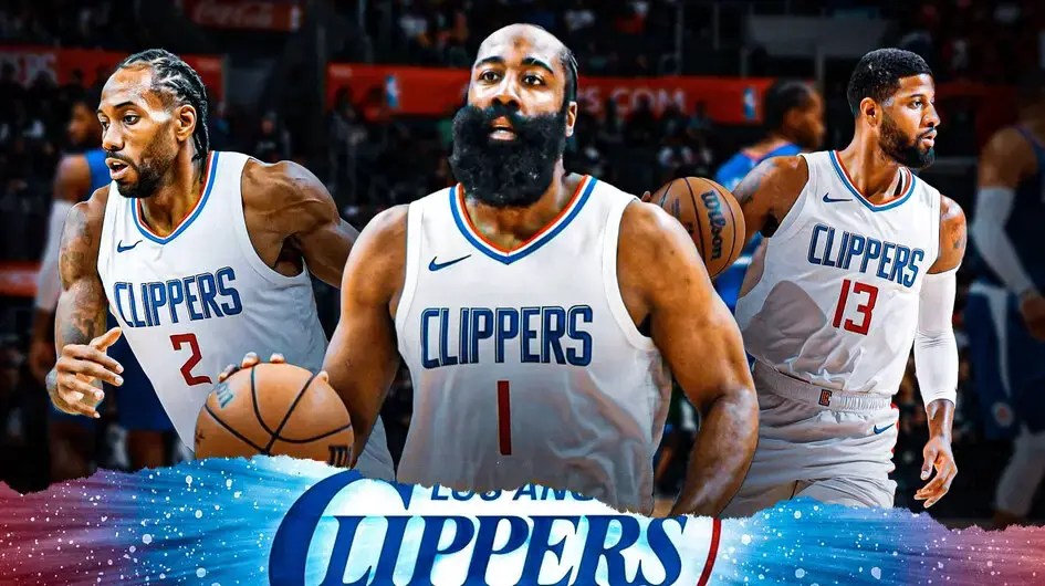 James Harden, Kawhi Leonard and Paul George with the Clippers arena in the background