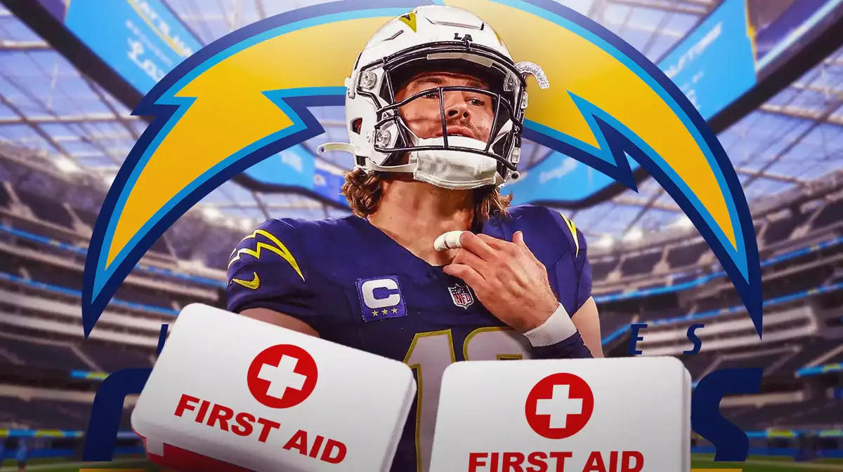Image: Justin Herbert in middle of image looking stern, first aid kit, LA Chargers logo, football field in background