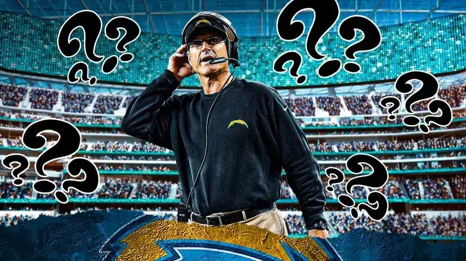 Jim Harbaugh in Chargers gear. Question marks everywhere.