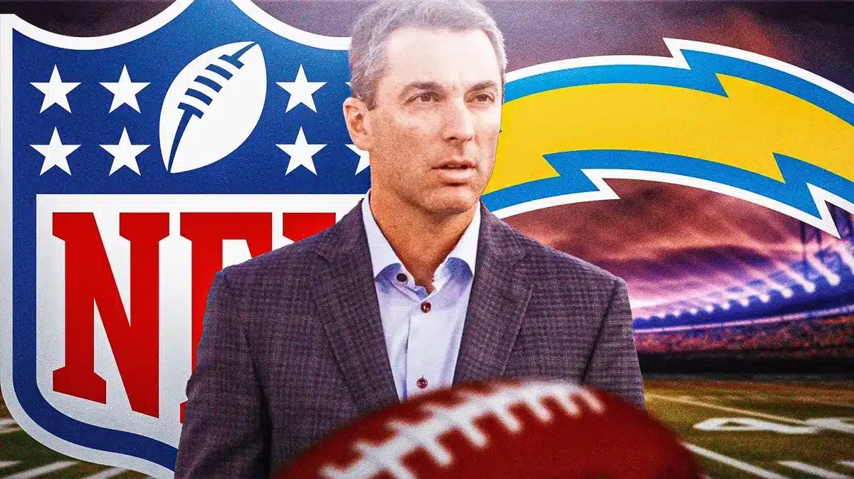 Photo: Tom Telesco in a suit with NFL logo and Chargers logo in the background