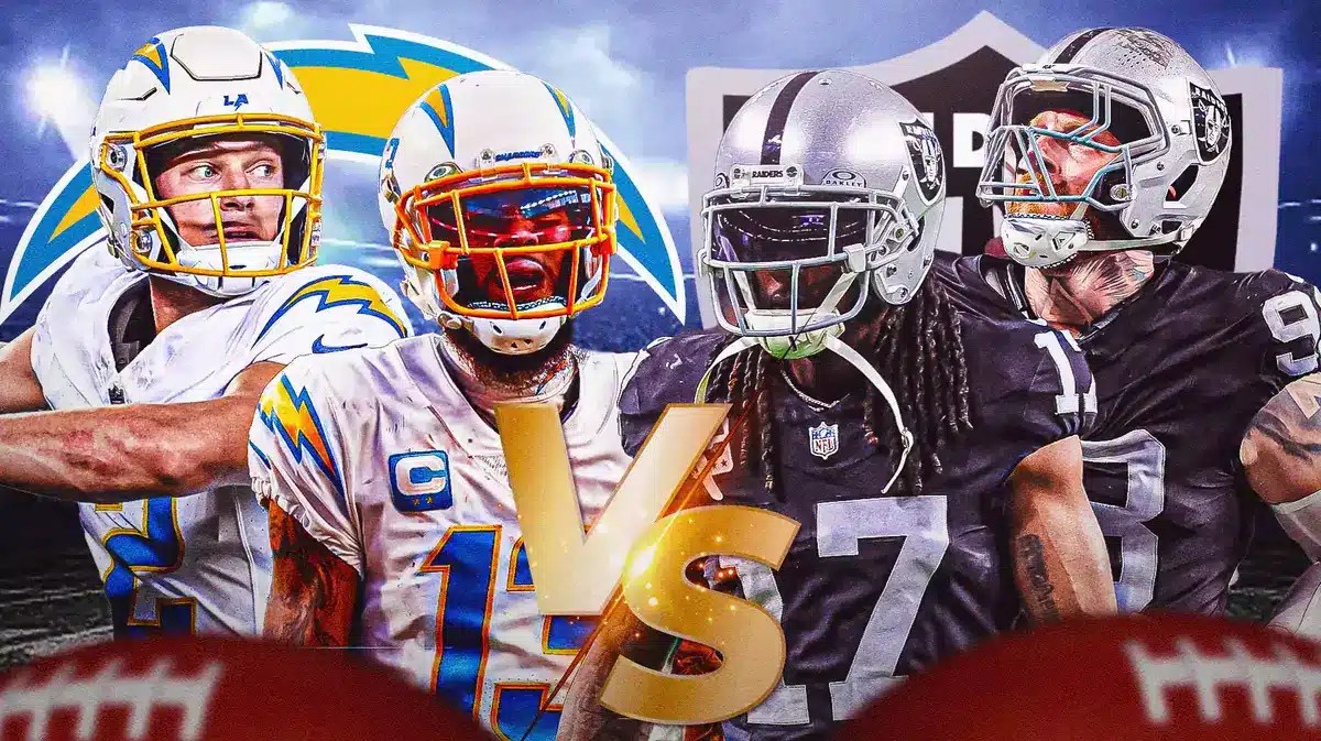 Easton Stick, Keenan Allen, Chargers logo vs. Devante Adams, Maxx Crosby, Raiders logo