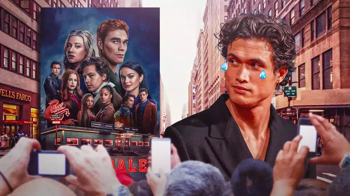 Riverdale poster next to Charles Melton with tears coming from his eyes.