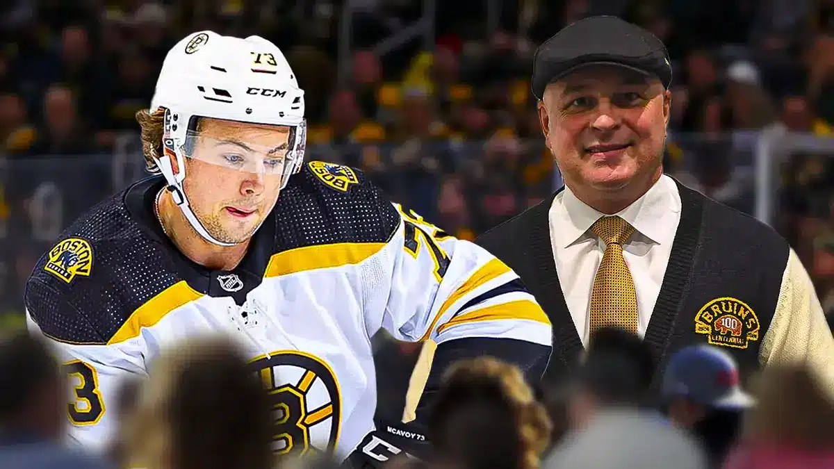 Boston Bruins head coach Jim Montgomery and defenseman Charlie McAvoy at TD Garden