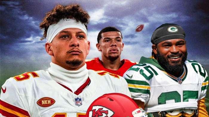 Chiefs Patrick Mahomes and Skyy Moore with Packers Keisean Nixon