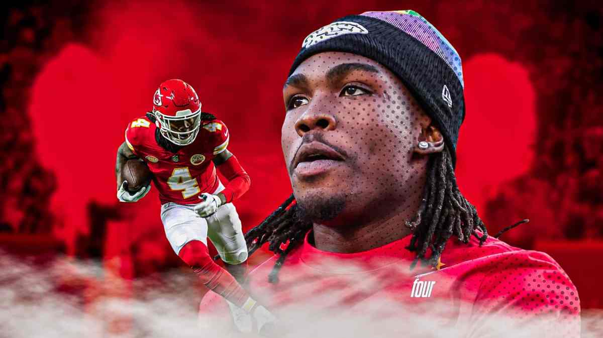 Kansas City Chiefs wide receiver Rashee Rice in the foreground. Images of him on the left and right.