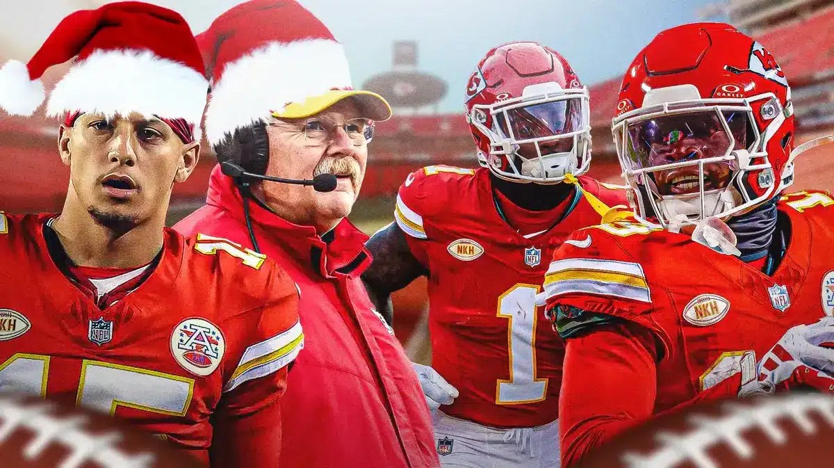 Chiefs' Patrick Mahomes and Andy Reid in Santa hats, with Kadarius Toney and Jerick McKinnon