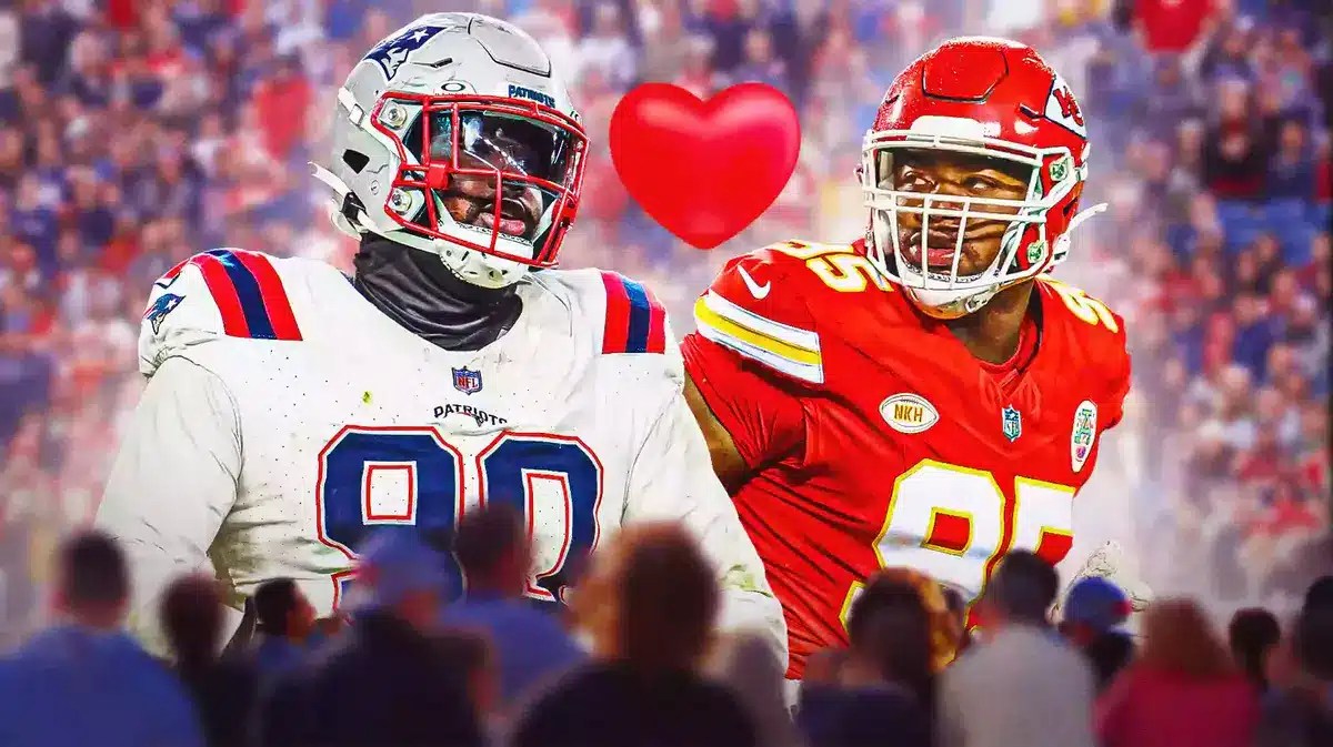 New England Patriots' Christian Barmore and Kansas City Chiefs' Chris Jones and a red heart emoji/image in the middle of the two of them to symbolize mutual respect.