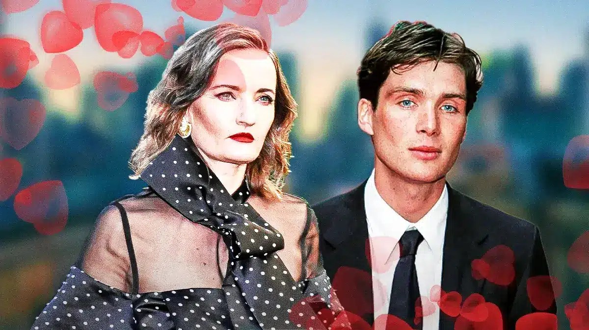 Yvonne McGuinness and Cillian Murphy surrounded by hearts.