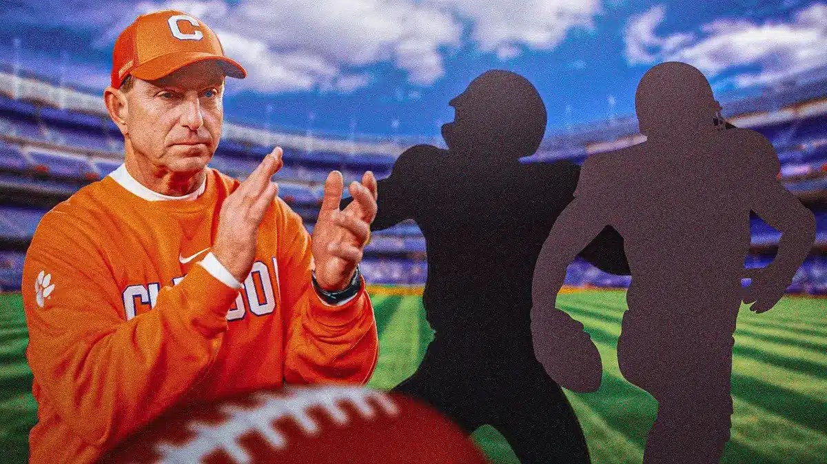 Dabo Swinney, two silhouette football players