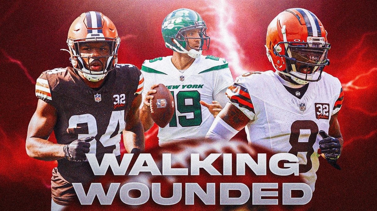 Joe Flacco, Jerome Ford, Elijah Moore all beside each other with red lightning in the background.