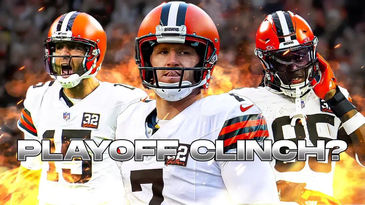 Joe Flacco, David Njoku, Dustin Hopkins all beside each other with flames in the background.