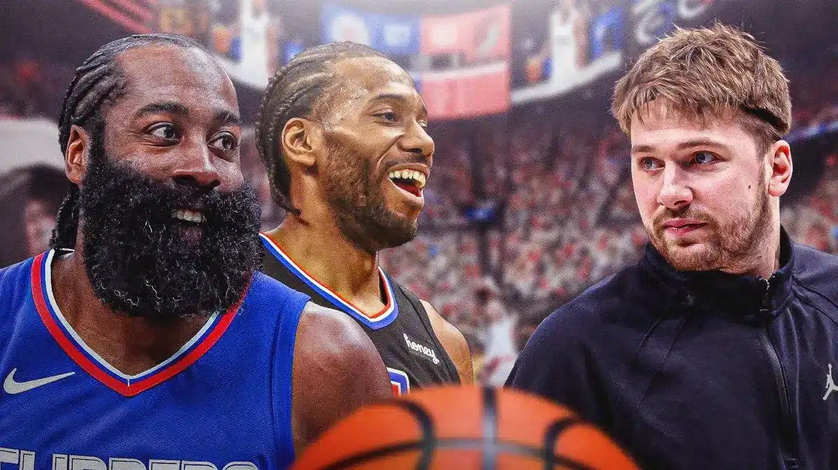 Clippers' James Harden hyped up with mind-blown emojis all over Harden, with Kawhi Leonard smiling at Mavs' Luka Doncic