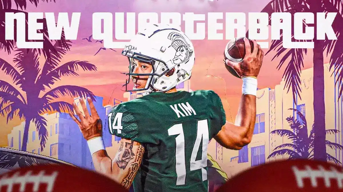 Noah Kim (former Michigan State football QB) as the guy in GTA6, replace the woman withCoastal Carolina football mascot