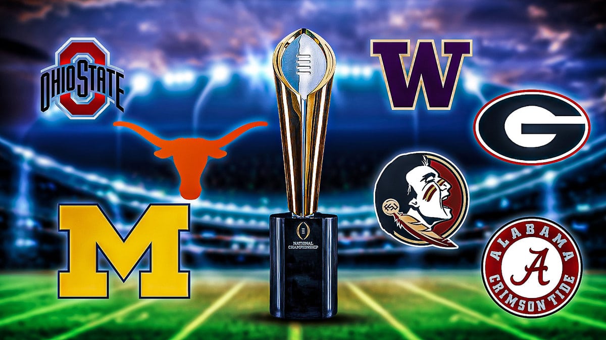 CFP trophy surrounded by Ohio State, Texas, Michigan, Washington, Georgia, Florida State, and Alabama football logos