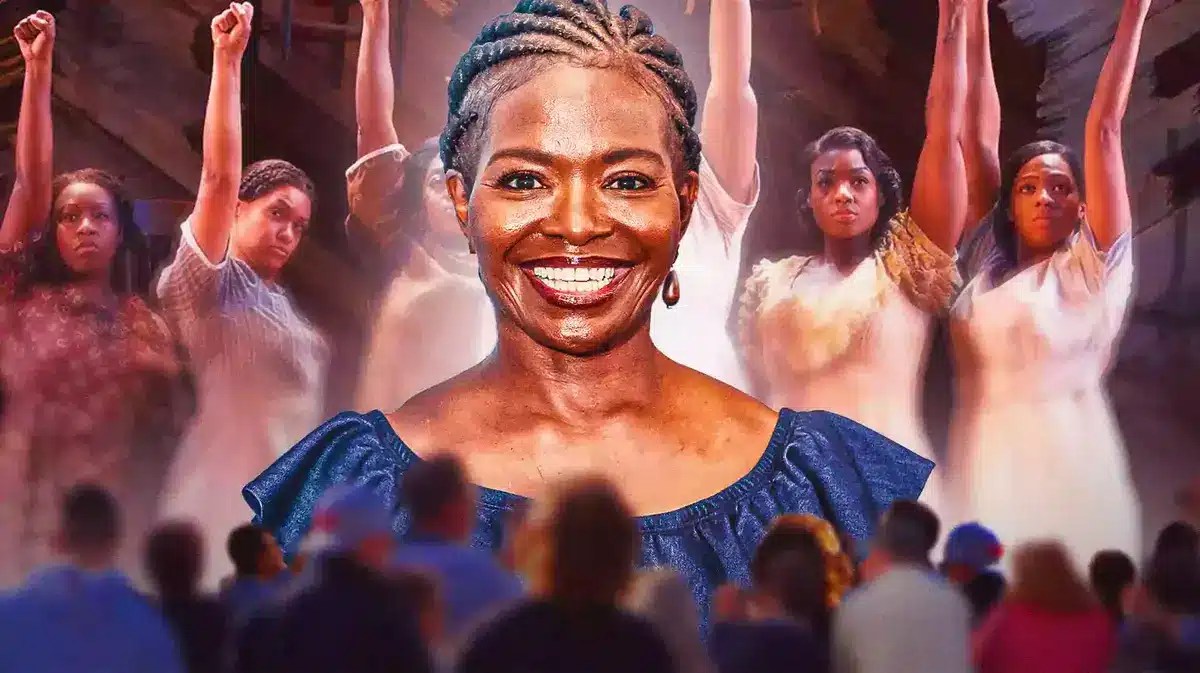 LaChanze with The Color Purple musical behind her.