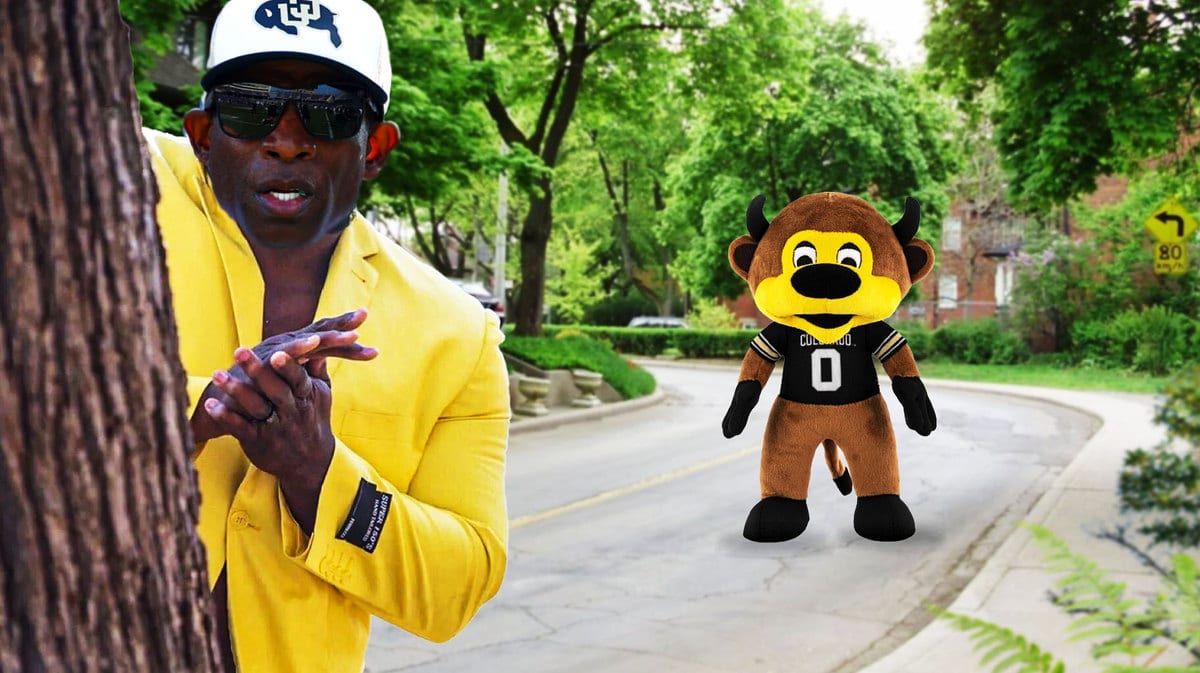 Deion Sanders of Colorado football as this meme, add Colorado football mascot behind Sanders