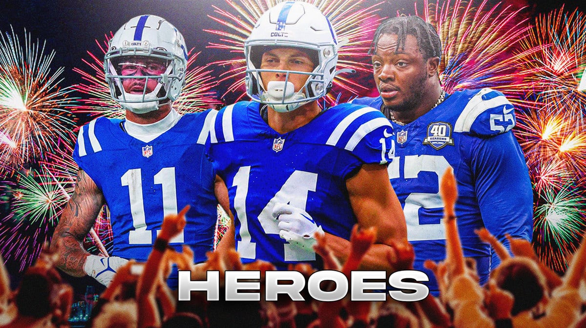 Michael Pittman Jr, Alec Pierce, Samson Ebukam all beside each other with fireworks in the background.