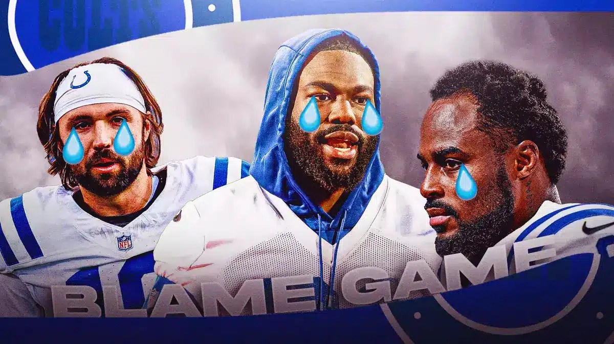 Gardner Minshew, Zack Moss, Isaiah McKenzie all with tear emojis 💧 and with gray skies in the background.
