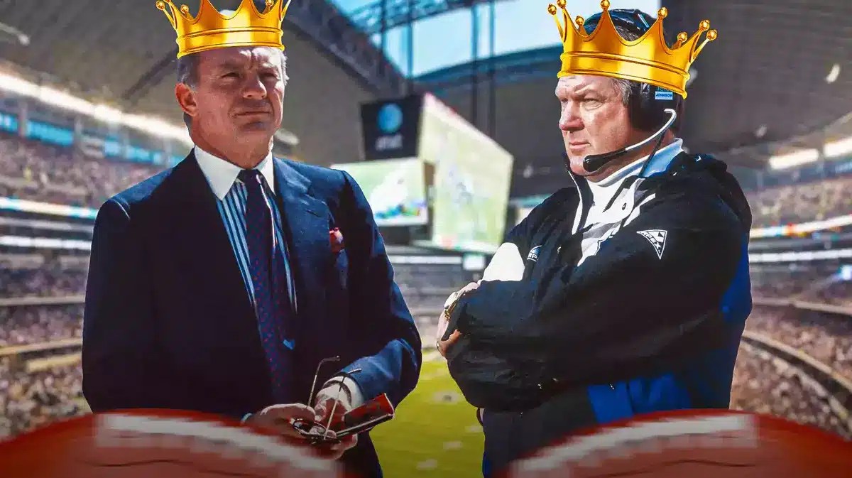 Cowboys Jerry Jones and Jimmy Johnson during Ring of Honor induction in the middle of the Lions game
