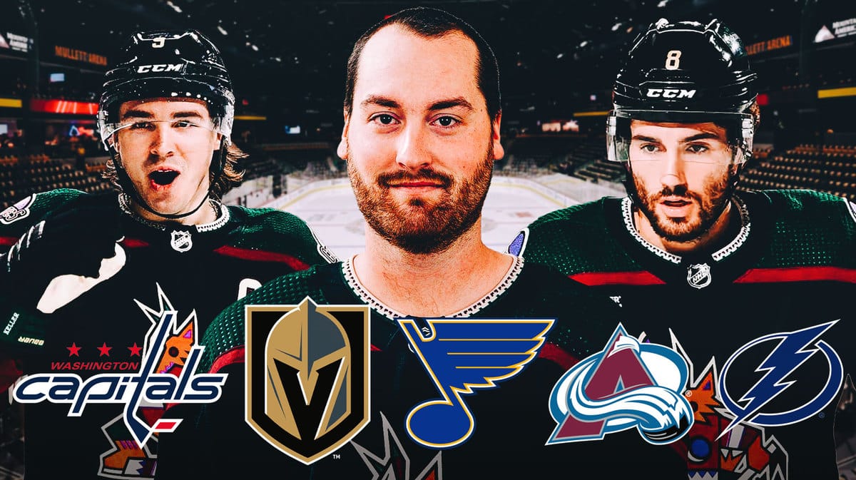 Connor Ingram in middle looking happy, Nick Schmaltz and Clayton Keller on either side looking happy, these logos: WSH Capitals, Golden Knights, STL Blues, COL Avalanche, TB Lightning, hockey rink in background