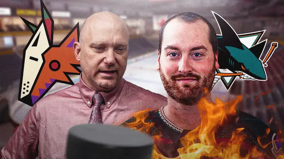 Connor Ingram in foreground looking happy with fire around him, Coyotes coach Andre Tourigny in image looking impressed, AZ Coyotes and SJ Sharks logos, hockey rink in background