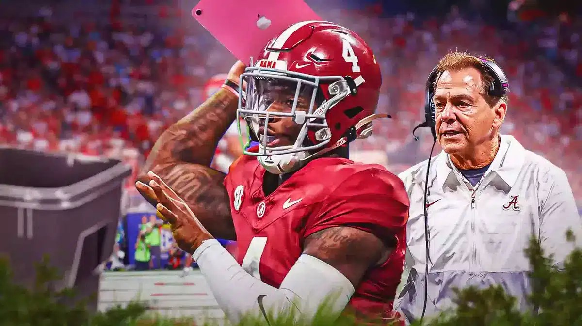 Nick Saban watching Jalen Milroe throwing an iPad into a trash can