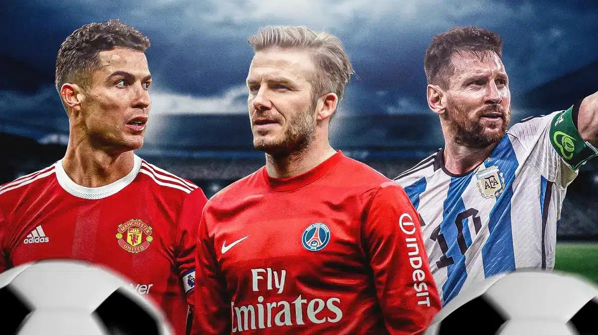 Cristiano Ronaldo, Lionel Messi, David Beckham on a soccer field