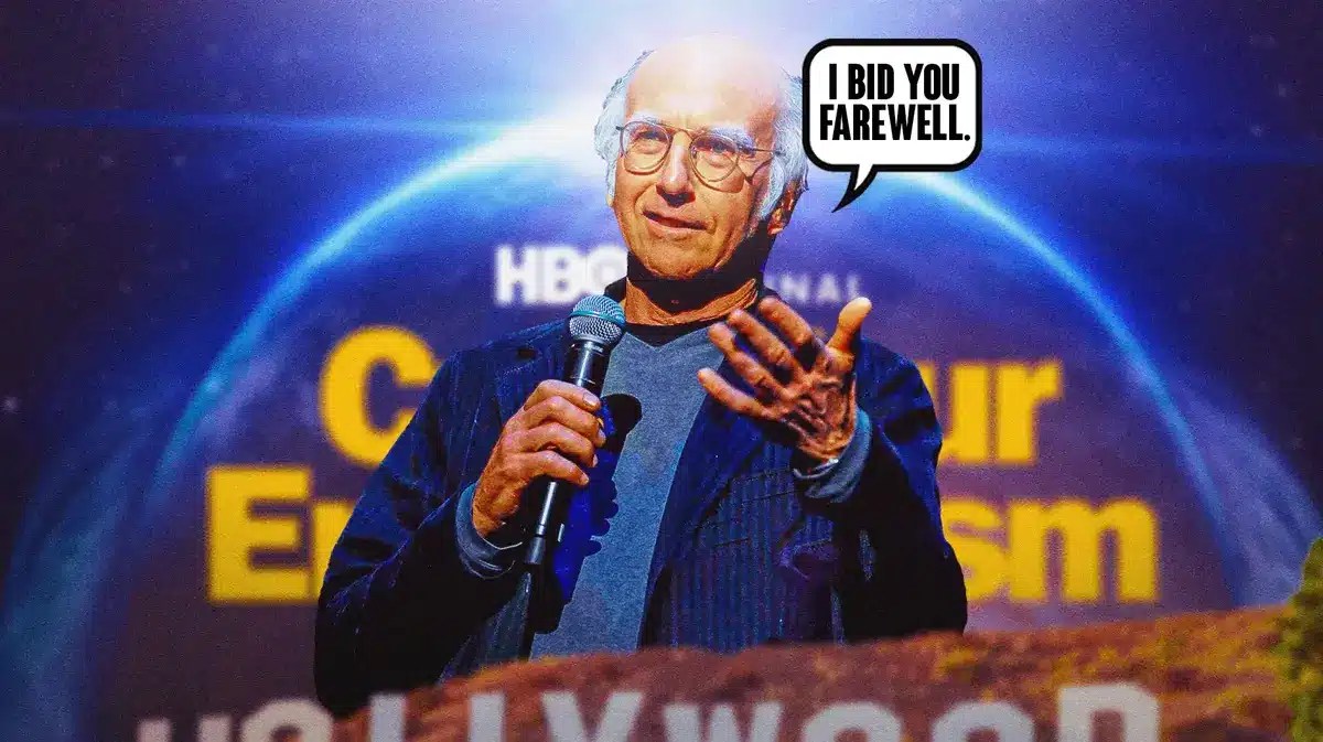 Larry David saying, "I bid you farewell," with a Curb Your Enthusiasm logo behind him.