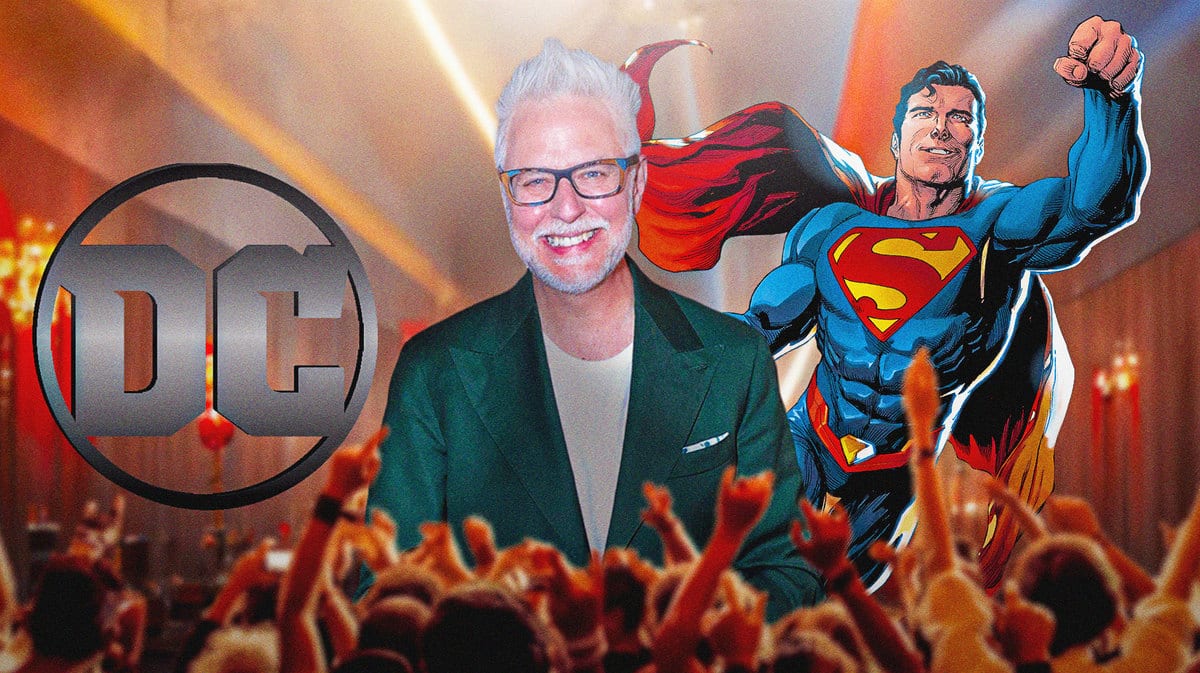 James Gunn between DCU logo and Superman.