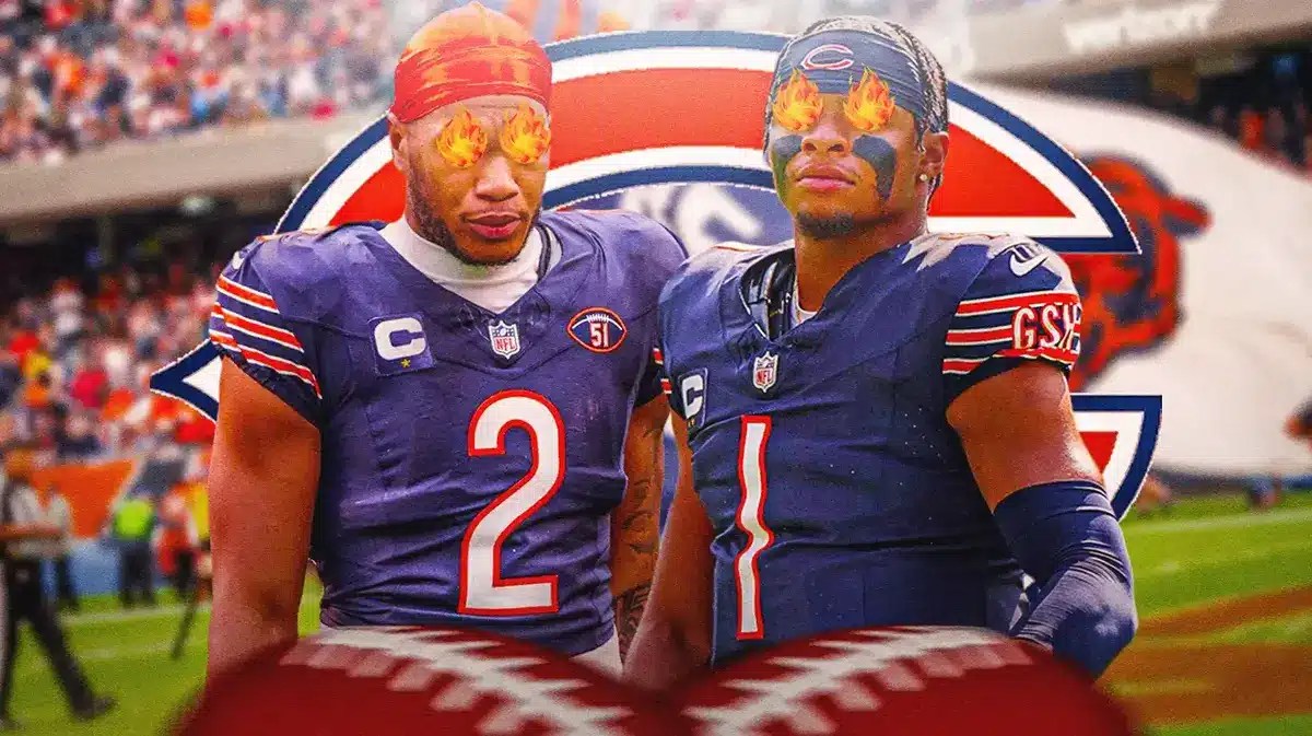 Bears' DJ Moore, Bears' Justin Fields with fire in their eyes. Bears logo in background.