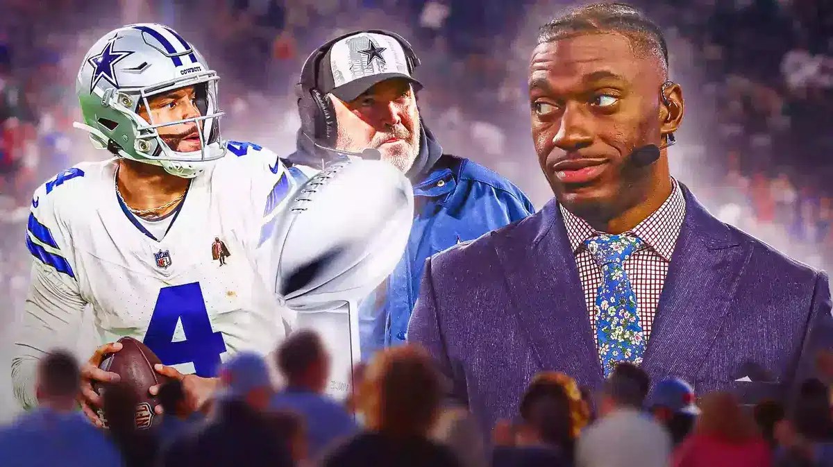 Cowboys Dak Prescott with Mike McCarthy and Robert Griffin III alongside Super Bowl trophy