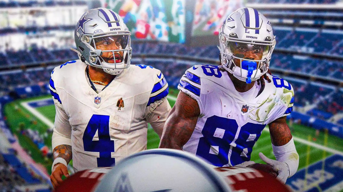 Cowboys, Eagles, Dak Prescott, CeeDee Lamb, Dak Prescott Cowboys, Dak Prescott and CeeDee Lamb with Cowboys Stadium in the background