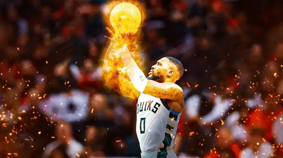 ACTION SHOT of Damian Lillard (Bucks) on fire