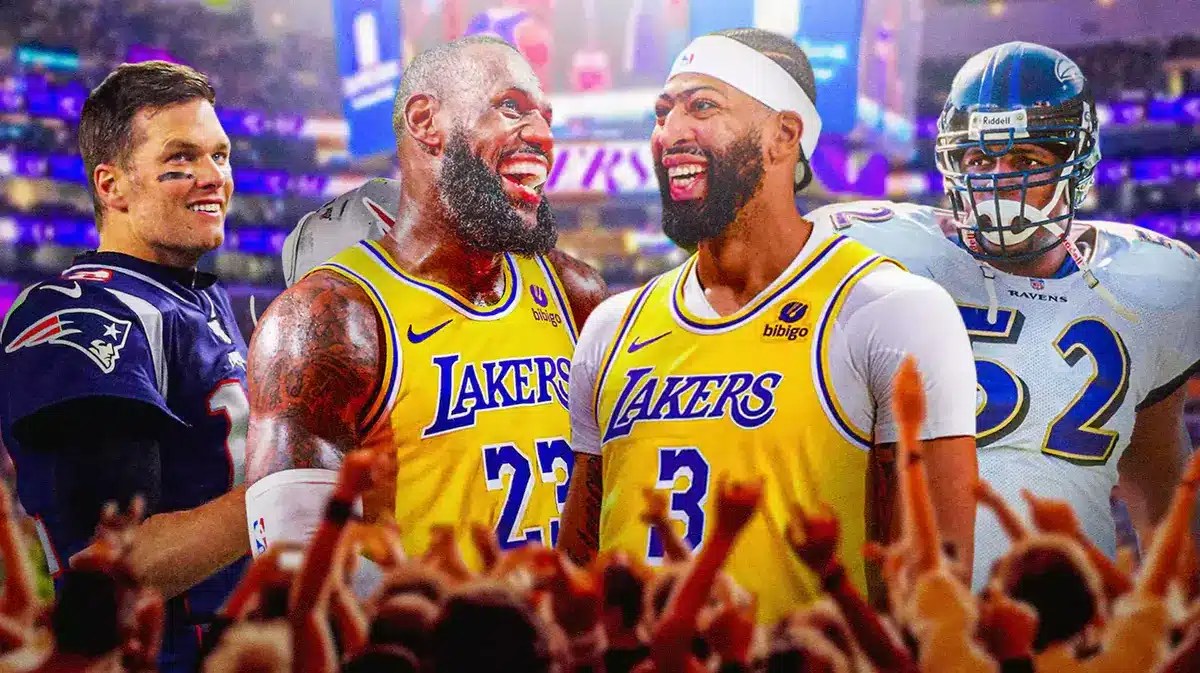 Lakers stars LeBron James and Anthony Davis with Tom Brady and Ray Lewis