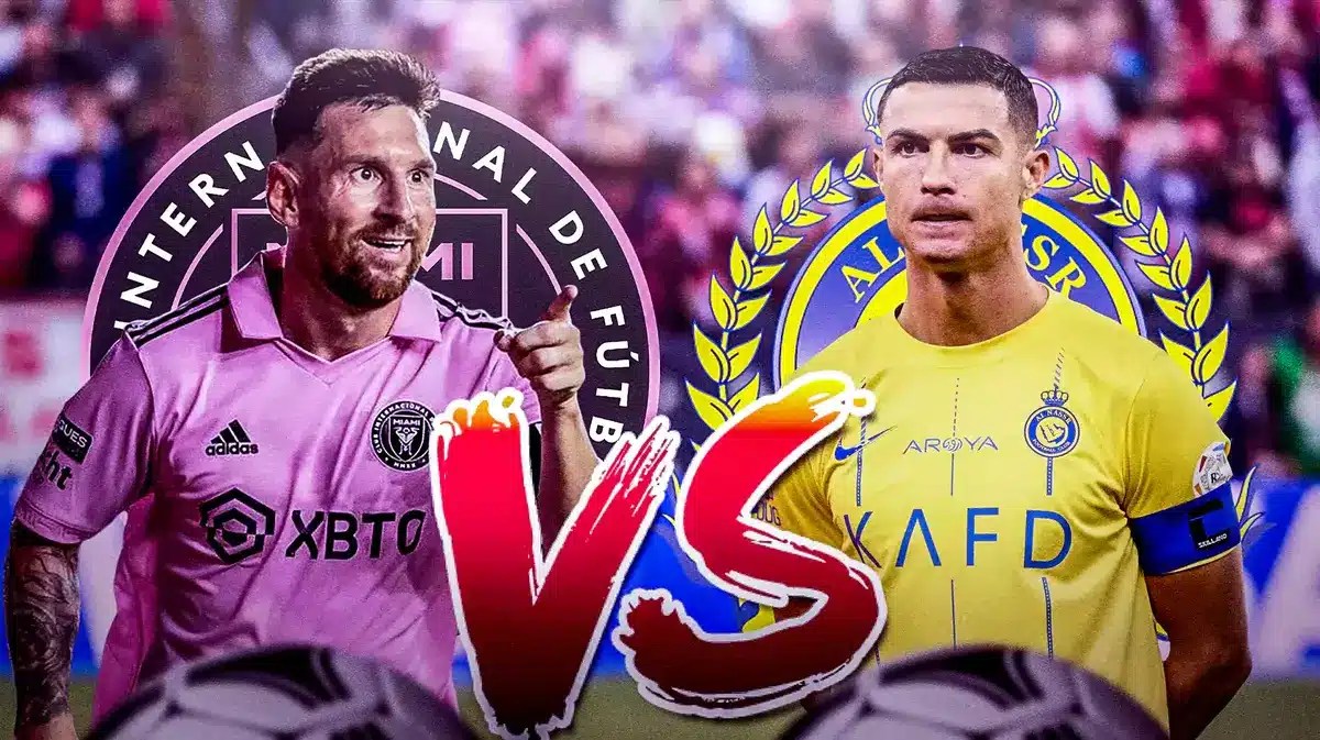 Lionel Messi in front of the Inter Miami logo on the left, a ‘VS’ sign in the middle, Cristiano Ronaldo in frotn of the Al-Nassr logo on the right
