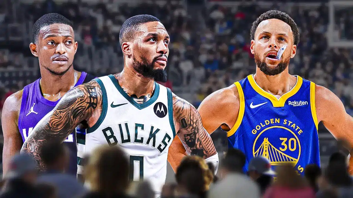 De'Aaron Fox with Stephen Curry on one side of him and Damian Lillard on the other side, also include the Kings arena in the background