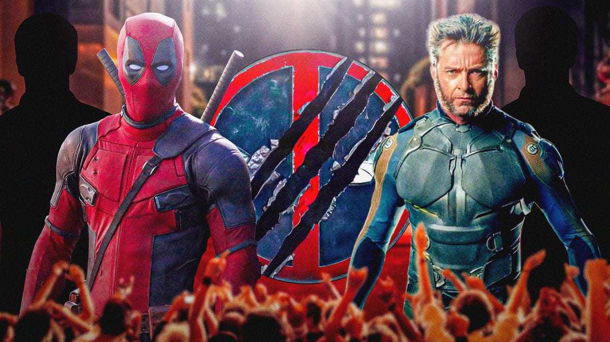 Deadpool logo with Ryan Reynolds and Hugh Jackman's Wolverine with X-Men silhouettes.