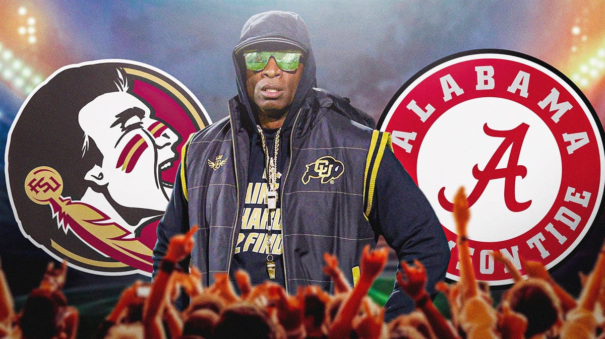 Colorado football head coach Deion Sanders next to the Florida State football logo and the Alabama football logo.