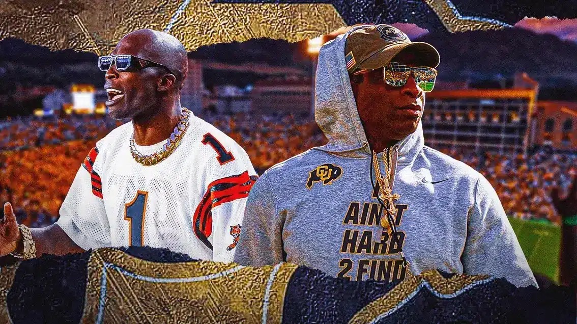 Colorado football’s Deion Sanders laughing next to Chad Johnson