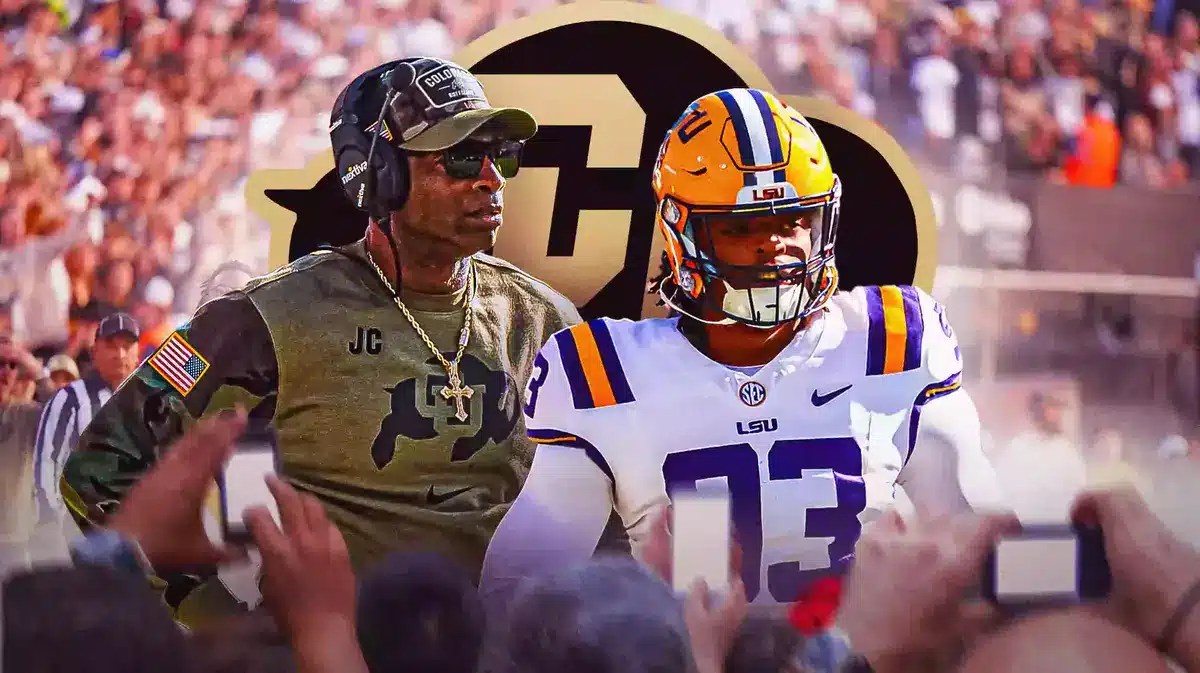 Photo: Deion Sanders in Colorado gear with Quency Wiggins in LSU uniform, and Colorado logo in the background