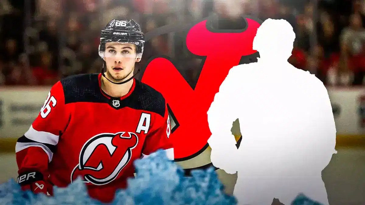 Jack Hughes looking happy, a silhouetted New Jersey Devils player in middle, NJ Devils logo, hockey rink in background