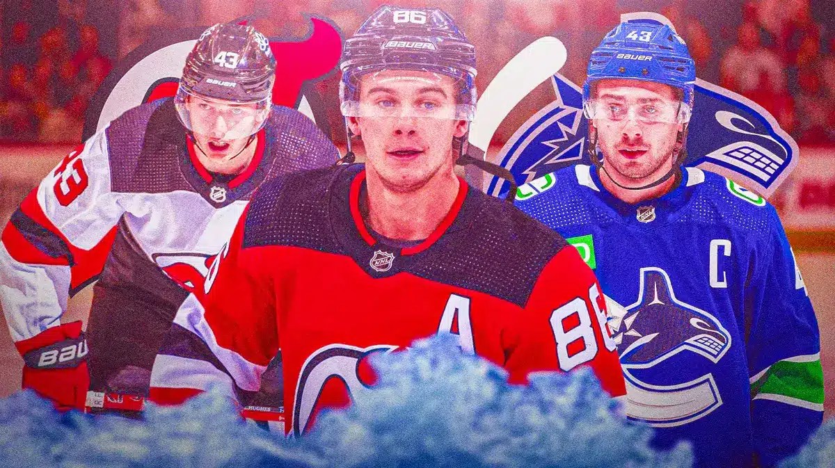 Jack Hughes in middle looking happy, Quinn Hughes and Luke Hughes on either side, NJ Devils and VAN Canucks logos, hockey rink in background