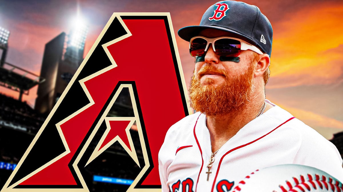 Boston Red Sox player Justin Turner in front of the Arizona Diamonbacks logo